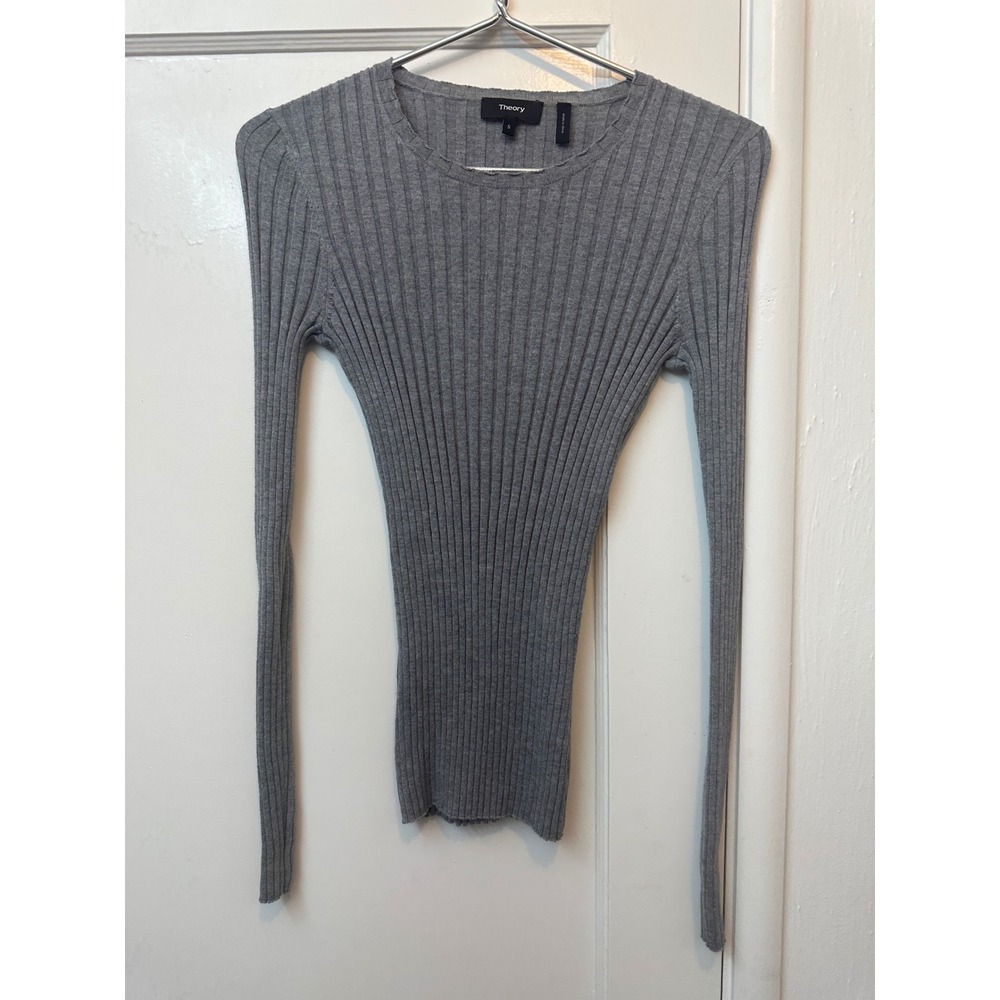 Theory Mirzio Noble Gray Ribbed Wool Blend Crew Neck Long Sleeve Sweater Small